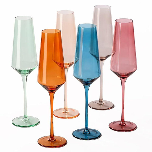comfit Colored Champagne Flutes Set of 6, Large 8.5 Oz Hand Blown Crystal Glasses,Wedding Gifts-Color Champagne Glass -Classy Champagne Flutes - Great for All Occasions