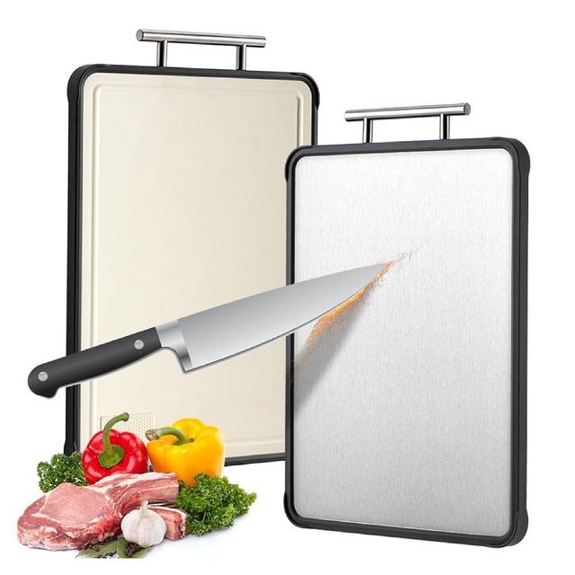 Kundita Stainless Steel Cutting Board, Double Sided Cutting Board for Kitchen, Built-in Juice Groove, Stainless Steel and Wheat Straw PP, Easy to Clean(16”×12”)