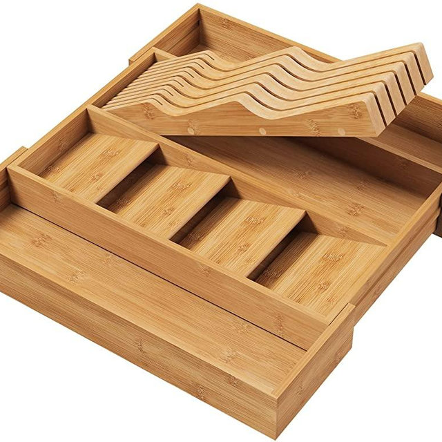 Bamboo Kitchen Drawer Organizer, Expandable Cutlery Tray Silverware Organizer with Large Knife Blocks for Silverware, Flatware, Knives, Utensil Organizer for Kitchen Drawers