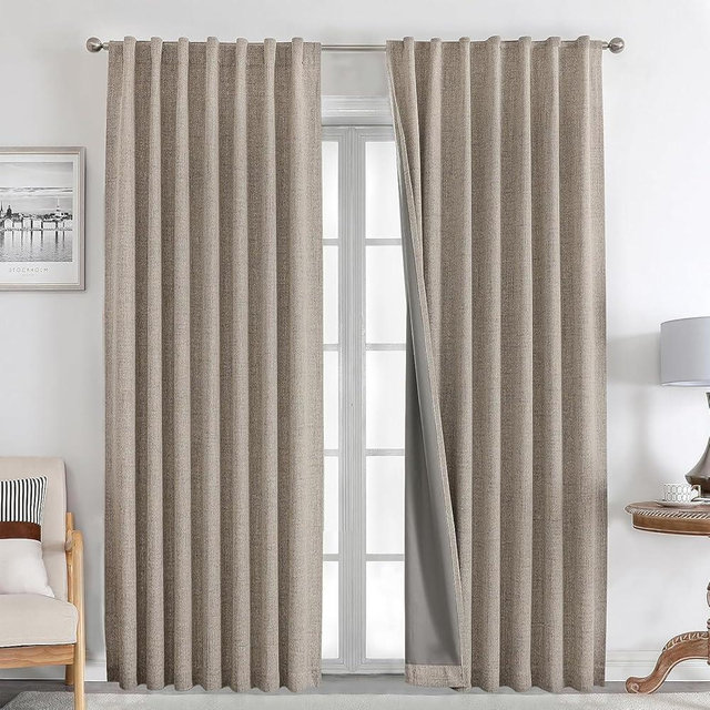 Joydeco 100% Black Out Curtains 90 inch Long 2 Panels Burg Natural Blackout Linen Drapes for Bedroom Living Room Darkening Curtain Thermal Insulated Back tab Rod Pocket(37x90 inch,Linen)