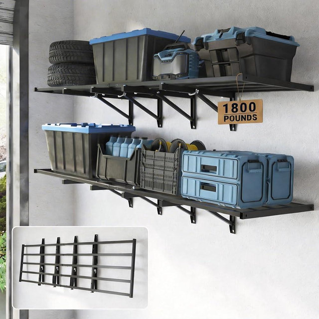 FLEXIMOUNTS Fold-Down 2x6ft Garage Wall Shelving, 2-Pack Heavy Duty Folding Garage Shelving Wall Mounted, 1800 lbs Capacity, Storage for Power Tools, Garden Supplies & Seasonal Storage, Lite Series