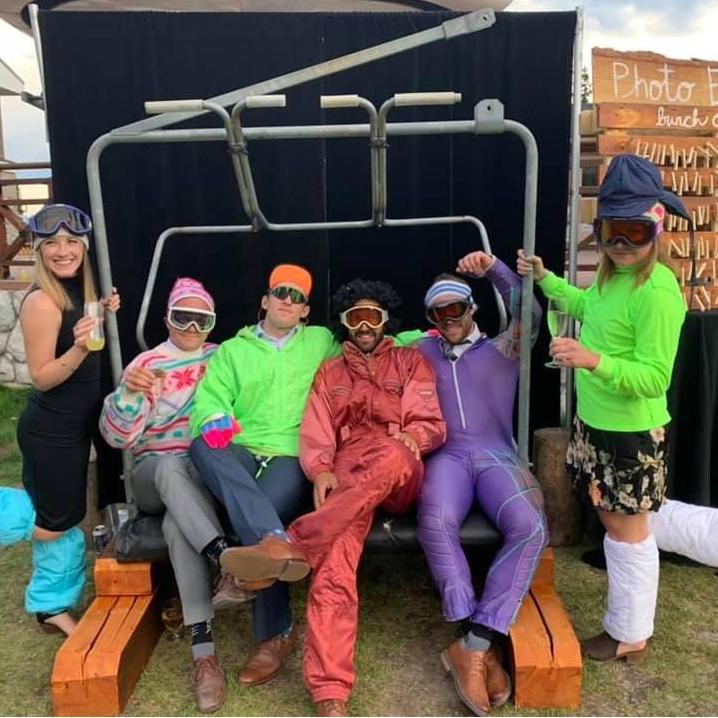 A "70's ski gear" photo at Stan and Kelsey's wedding with our best buddies in Kelowna, British Columbia at Big White Ski Resort.