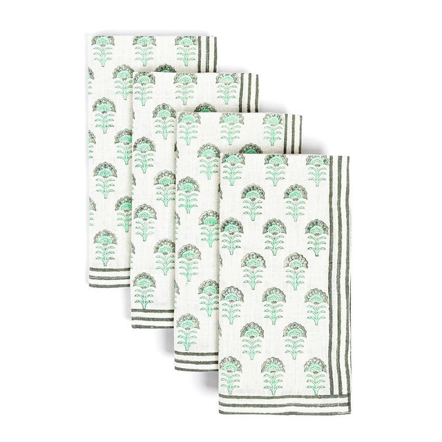 Over&Back Cloth Napkins Set – Cotton Block Print, Reusable & Washable – Decorative Dinner, Cocktail, Floral, Spring Table Cloth for Home or Events – Green Flower