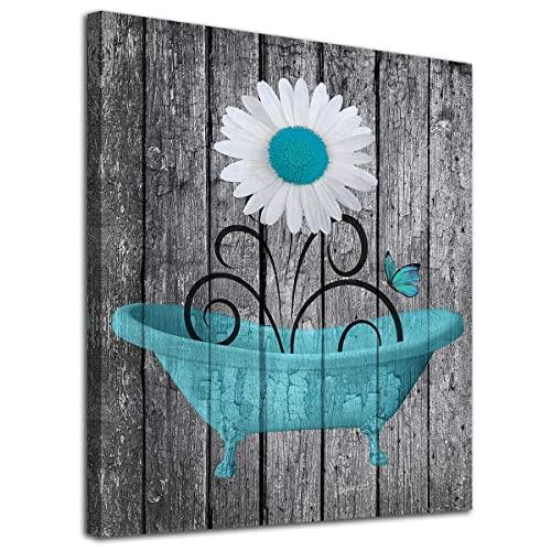Bathroom Wall Art Daisy Canvas Pictures Modern Flower Bathtube Artwork Rustic Wood Board Background Contemporary Wall Art Decor Bedroom Living Room Office Home Framed Ready to Hang Blue 12" x 16"