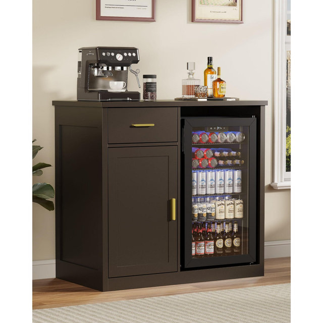 Coffee Bar Cabinet with Fridge Space, Modern Buffet Sideboard for Living Room, Dining Room or Home Bar, Brown