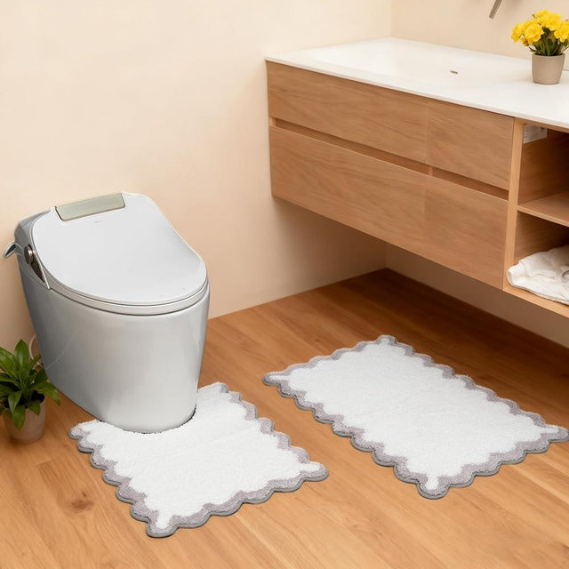 ORTIGIA Cute Scalloped Bathroom Rugs Set,Gray Plush Microfiber Scallop Bath Mats Non Slip Washable Quick Dry Absorbent Rug Carpet for Sink Laundry Room Bedroom,20" x 30" + U Shape 20" x 24"