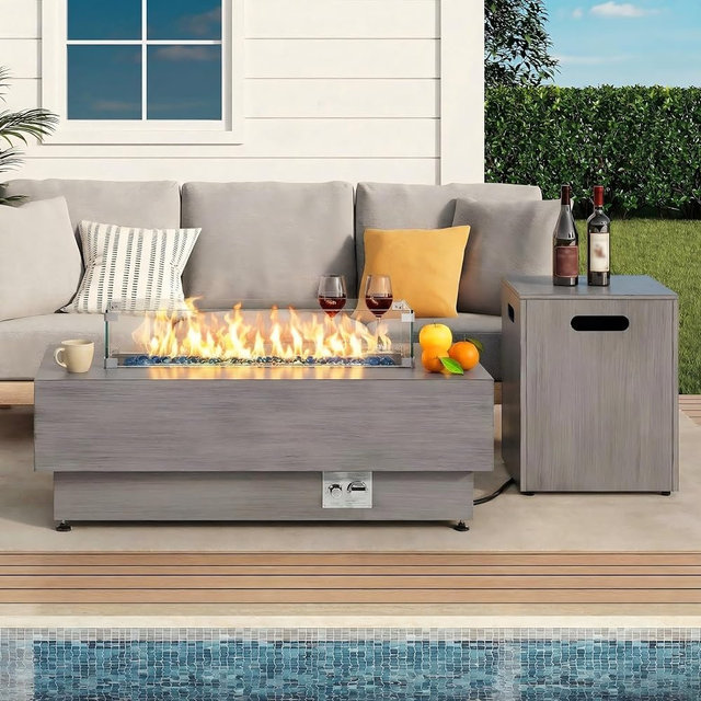 IRONCK 43-inch Outdoor Propane Fire Pit Table w Tank Table, CSA Certified, 2 in 1 Rectangular Patio Fire Pit w Glass Rocks, Wind Guard and Cover, 50000 BTU Outside Heater for Pool, Vintage Gray