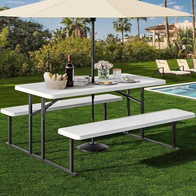 YITAHOME 6ft Large Outdoor Picnic Table w/Umbrella Hole, Easy Assembly Picnic Tables with Weather Resistant Tabletop & Stable Steel Frame for Yard Patio Lawn Party, White