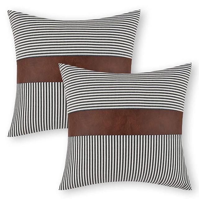 Yastouay Farmhouse Decorative Throw Pillow Covers, Set of 2 Stripe Accent Pillow Covers, Faux Leather Pillow Cases for Couch Sofa, Boho Modern Home Decor Cushion Covers 18 x 18 inch, Black