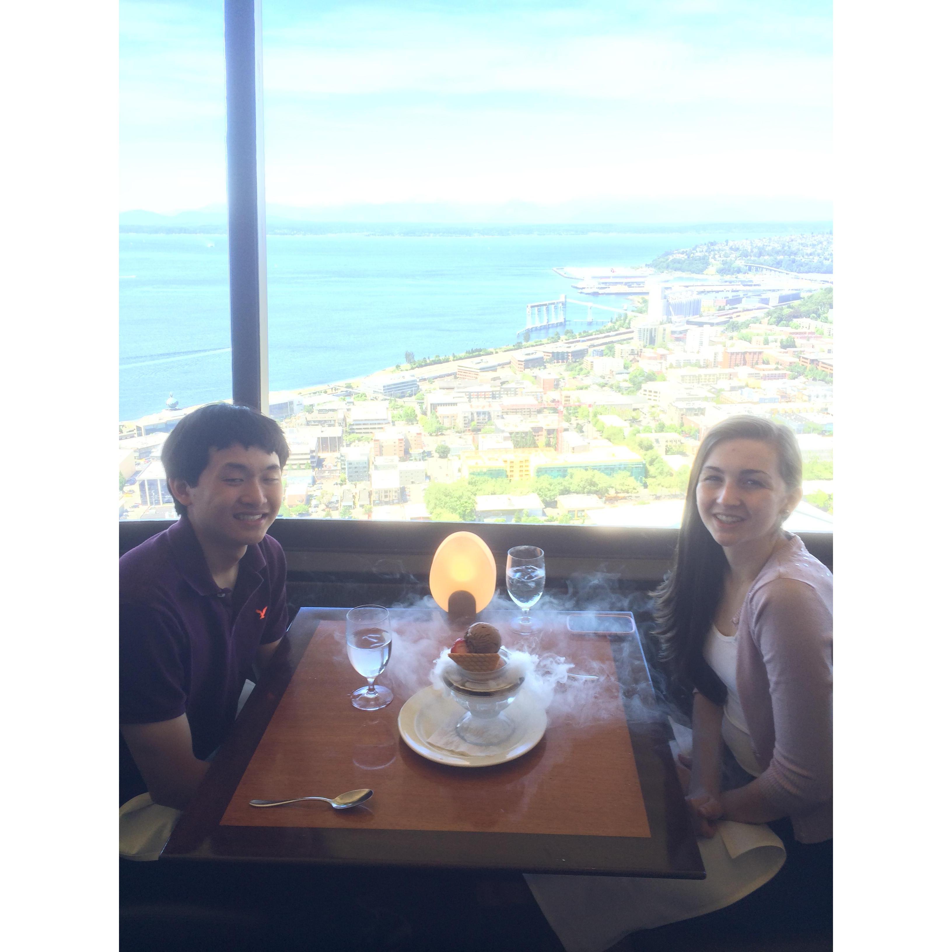 Celebrating our three year anniversary in the Space Needle in Seattle!