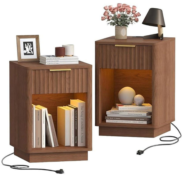 Akxomel Fluted Nightstands Set of 2, Wooden Night Stand with Charging Station and LED Light, Modern Mid Century End Table with Drawer, 15" D x 15.7" W x 22.6" H, for Bedroom, Walnut