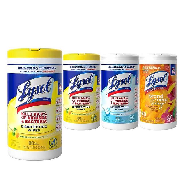 Lysol Disinfectant Wipes Bundle, Multi-Surface Antibacterial Cleaning Wipes, For Disinfecting & Cleaning, contains x2 Lemon & Lim Blossom (80ct) x1 Crisp Linen (80 Ct) & x1 Mango & Hibiscus (80 Ct)