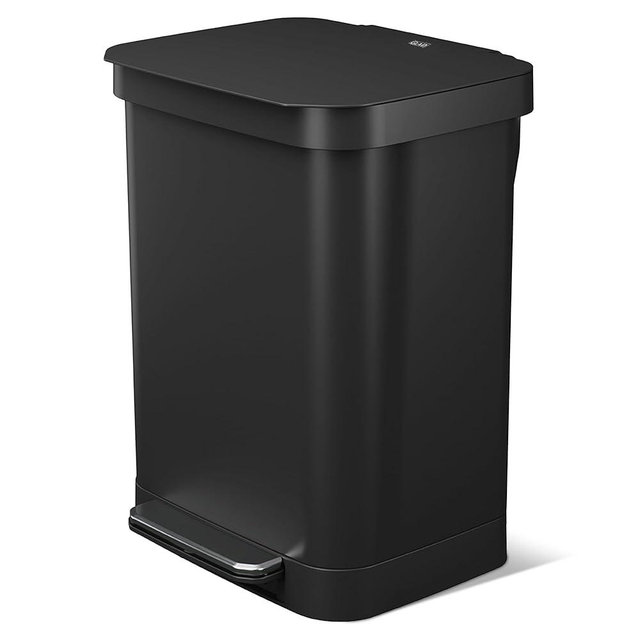 Glad Stainless Steel Step Trash Can, Series 2 with Clorox Protection - Large Black Kitchen Garbage Bin with Soft Close Lid, Foot Pedal and Waste Bag Roll Holder, 13 Gallon