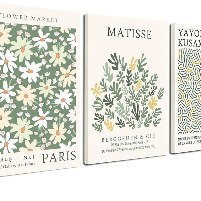 Induslyfe Framed Green Wall Art Canvas Decor Set of 3, Matisse Wall Art Framed Prints Posters Mid Century Modern Art, Aesthetic Floral Botanical wall art for bedroom, living room bathroom 12x16