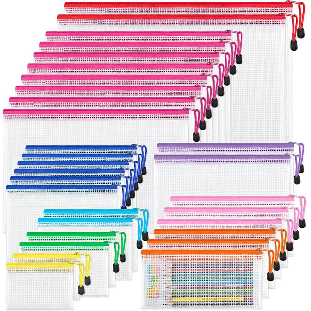 JARLINK 30 Pack 8 Sizes Mesh Pouch, 9 Colors, Waterproof Zipper File Bags Document Multipurpose Travel Bags for Office, School, Board Game, Puzzles, Cosmetics, Travel Accessories, and Home Organize