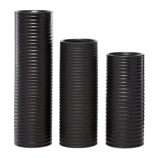 Set of 3 Cylindrical Ribbed Black Ceramic Vases - Venus Williams Collection
