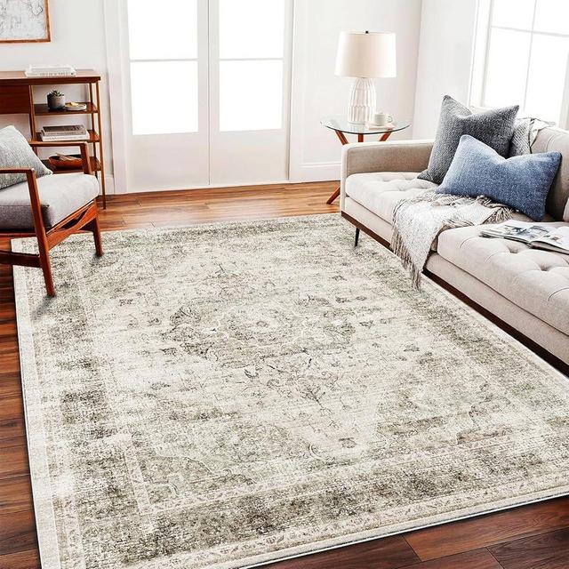 CHAMPLANT Area Rug 6'x9' Washable Vintage Floral Khaki Traditional Floor Cover Thin Retro Kitchen Indoor Distressed Non Slip Carpet for Living Room Bedroom Dining Room
