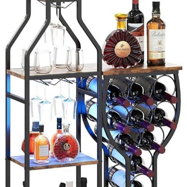 HavenlyYouth Liquor Cabinet for Home Bar, 5-Tier Wine Rack Freestanding Floor with Wine Glass Holder, Mini Bar Stand with 11 Wine Bottles, Bar Table with Storage for Living Room, Kitchen