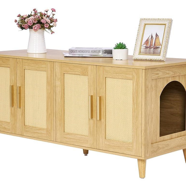 Homhedy Boho Cat Litter Box Enclosure for 2 Cats,Litter Box Furniture Hidden with Double Rattan Decorated Doors,Wooden Cat Washroom Furniture,Cat House,47.2”L x 19.7”W x 21.7”H, Natural