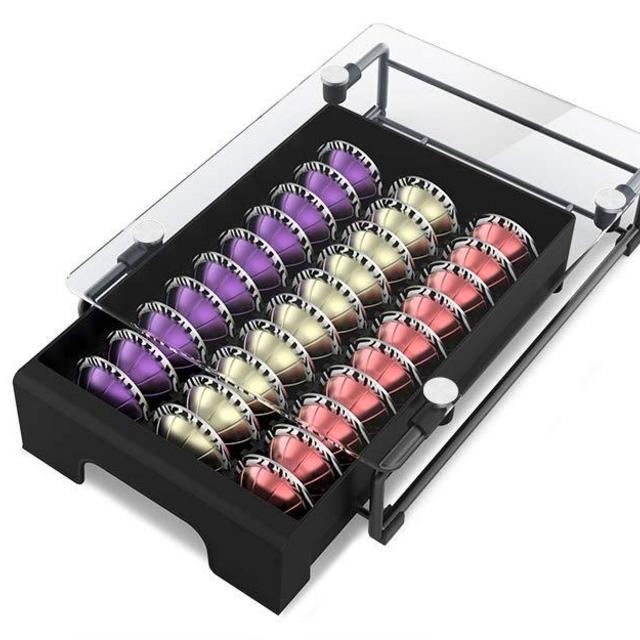 Everie Crystal Tempered Glass Top Organizer Drawer Holder Compatible with Nespresso Vertuo Capsules, Compatible with 21 Big or 30 Small Vertuoline Pods, NP01S