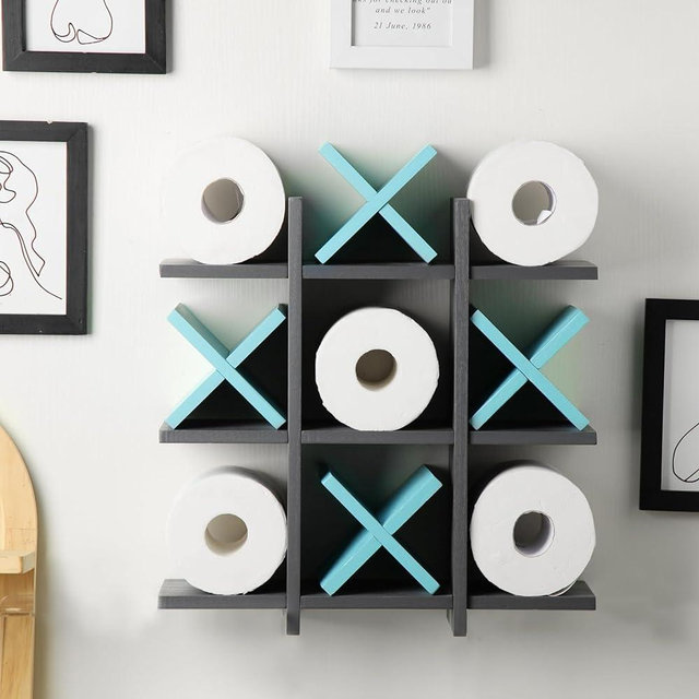 Weysat Tic Tac Toe Toilet Paper Holder Stand Bathroom Wall Decor Rustic Wooden Hanging Storage Freestanding Wall Mounted Shelves Decor for Toilet Tissue Farmhouse