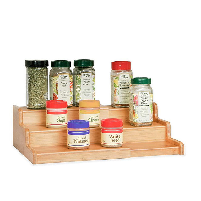 Seville Classics Bamboo Eco-Conscious 3-Tier Spice & Seasoning Rack Cabinet Organizer Kitchen Home Pantry Tray Countertop and Space Saving, Expandable Single, Bamboo
