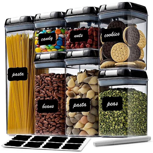 Food storage containers with lids airtight, cereal containers storage set,7 Pieces BPA Free Plastic kitchen organization and storage with Easy Lock Black Lids,for Kitchen Pantry food Storage