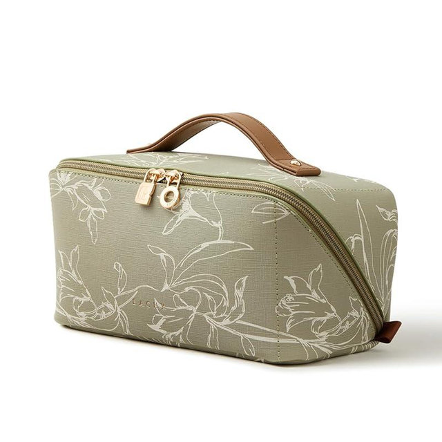 EACHY Travel Makeup Bag, Large Capacity Cosmetic Bags for Women, Waterproof Portable Pouch Open Flat Toiletry Bag Pattern Make up Bag (F-Green)