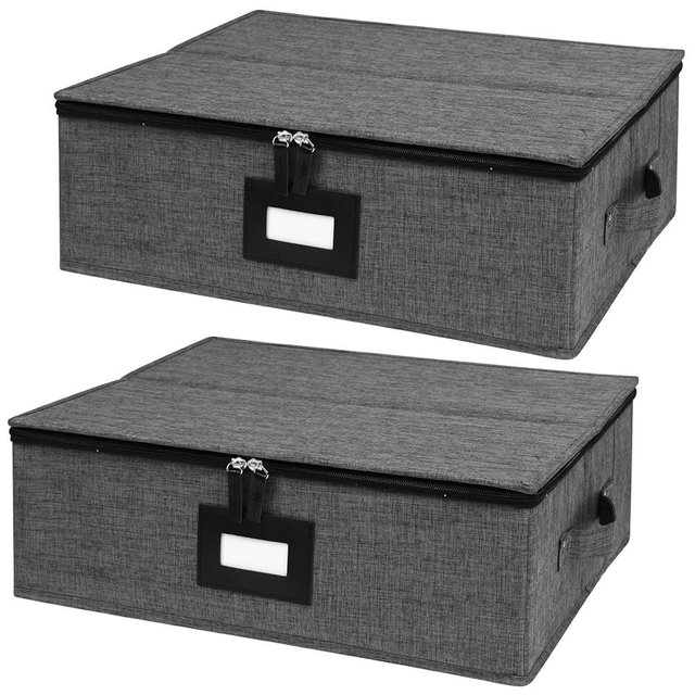 Gowee China Storage Containers 2 Pack, Platter Storage Containers 17" x 13" x 6" for Dinnerware Storage and Transport, 5 Felt Dividers Included, Structured Top and Stackable (Black)