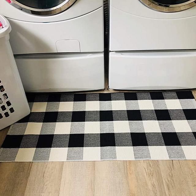 Buffalo Plaid Rug - Black and White Check Door Mat Outdoor - Farmhouse Rugs for Kitchen/Bathroom/Front Porch/Decor - Layered Welcome Doormats - Checkered Flannel Cotton Entry Way Layering Mats 24"x51"