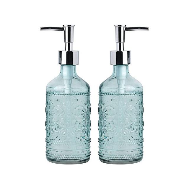 Embossed Glass Soap and Lotion Dispenser Bottles with Plastic Pump-12OZ-Set of 2 (Blue)
