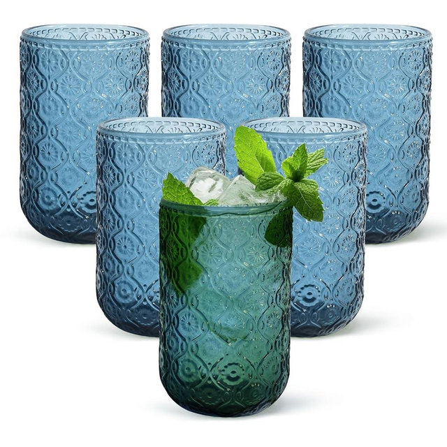 CHLJAR Vintage Glassware Drinking Glasses Set of 6, 14 oz Blue hobnail drinking glasses, Embossed Blue Water Tumbler for Cocktail Whiskey Wine Beer Juice, Old Fashioned Beaded Glasses, Blue
