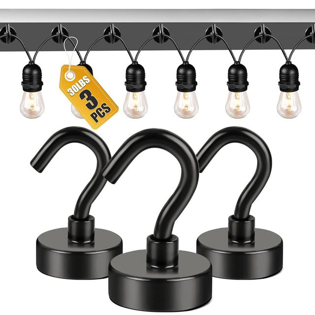 DIYMAG Hooks for Hanging String Lights, Black Magnetic Hooks 30lbs+ Magnet Hook 2025 Cruise Cabin Ship Essentials Heavy Duty Strong Magnets Refrigerator Fridge Classroom Kitchen Grills Home 3PCS