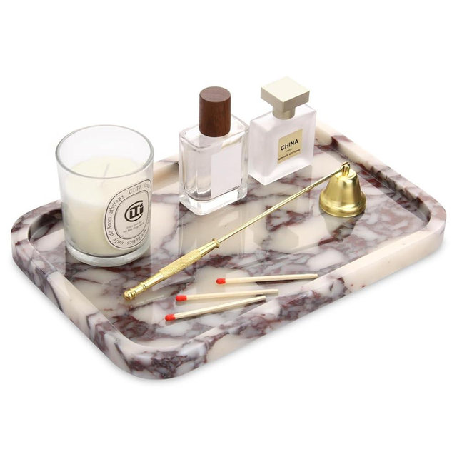 Marble Bathroom Vanity Tray, Natural Marble Home Kitchen Table Tray, Stone Decorative Countertop Serving Organizer for Dresser Coffee Perfume Jewelry Makeup (1, Calacatta Viola L, 12 * 8 * 0.8)