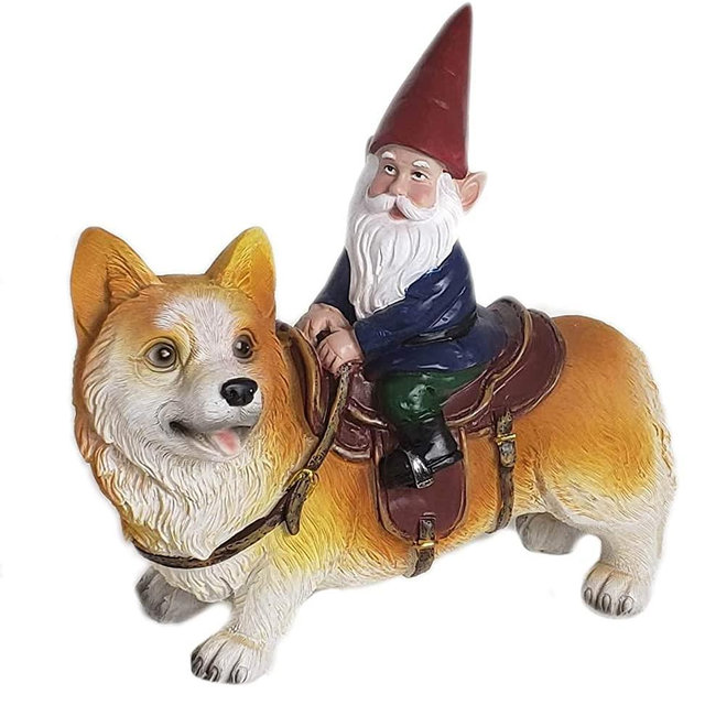 Funny Guy Mugs Garden Gnome Statue - Gnome Riding a Corgi - Indoor/Outdoor Garden Gnome Sculpture for Patio, Yard or Lawn