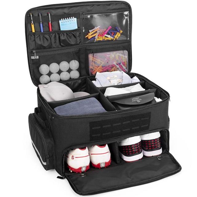 GOBUROS Golf Trunk Organizer Storage with Separate Compartment for 2 Pair Shoes Up to US Mens 16, Golf Car Locker Organizer for Balls, Tees, Clothes, Gloves, Accessories