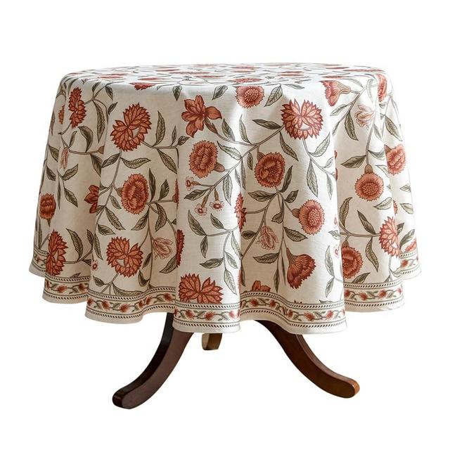 ISAENNE Floral Tablecloth for Round Tables,Linen Table Cloth with Orange Flowers and Green Leaves Pattern,Heavy Durable Table Cover for Dining Kitchen Decor Party Christmas,Diameter 67"