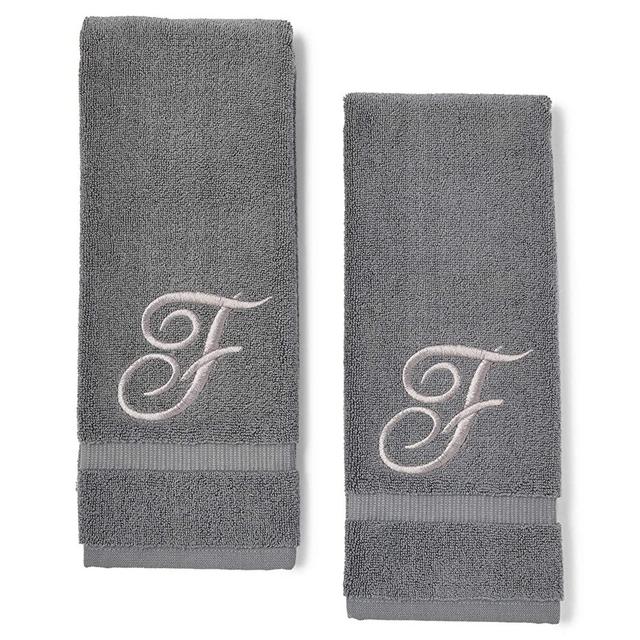 Monogrammed Hand Towel, Embroidered Letter F (Grey, 16 x 30 in, Set of 2)