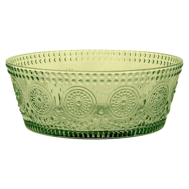 Boston International Vintage-Inspired Glass Serving Bowl with Embossed Floral Pattern for Salad Snacks Dinner, Large 7" x 2.75", Olive Green Codi