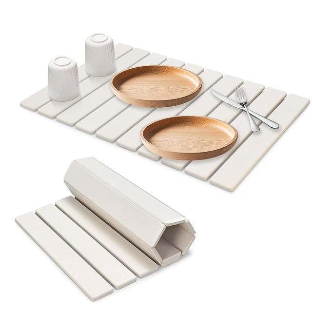 Large Stone Drying Mat for Kitchen Counter, 24"(L)×16"(W) Collapsible Dish Drying Mat, Diatomaceous Earth Mats for Bowl and Dish, Bathroom, Dog Pet Bowl Mat, , Match Any Countertop, White