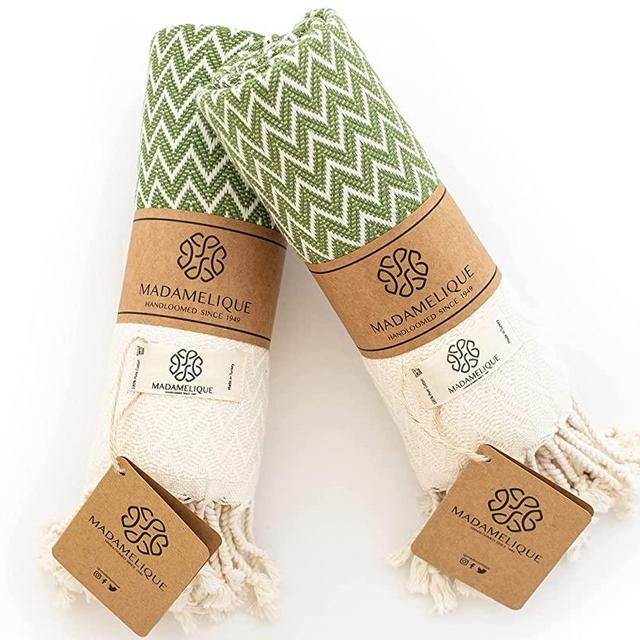 Madamelique Exclusive Hand Towels Set of 2 - 18 x 40 Inches - Decorative Bathroom Peshtemal Towel for Hand, Face, Hair, Yoga, Tea, Dishcloth, Kitchen and Bath - 100% Pure Cotton (Olive)