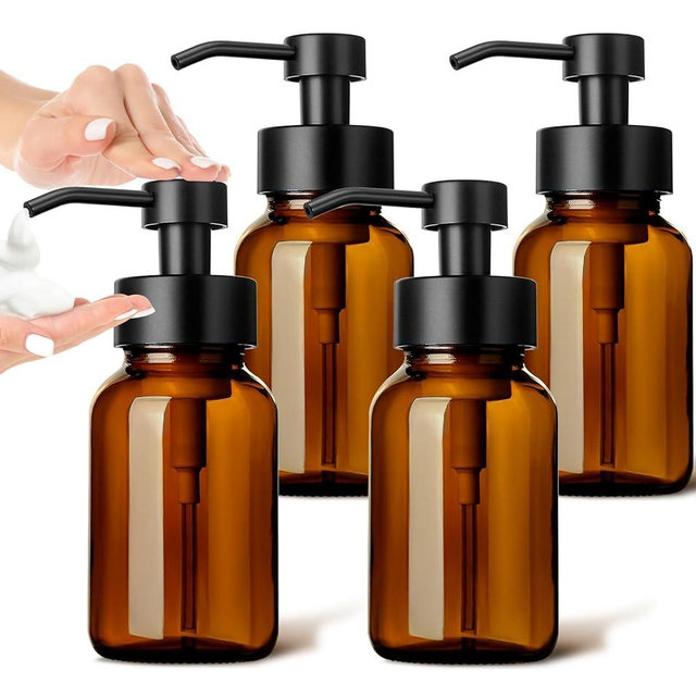 GMISUN Foaming Soap Dispenser, 4 Pcs 8.5 Fl oz Amber Glass Foam Hand Soap Dispenser for Bathroom & Kitchen, Refillable Hand Soap Foam Dispensers, Modern Amber Glass Pump Bottle with Waterproof Labels