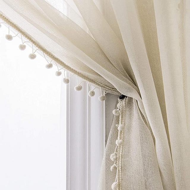 Selectex Linen Look Pom Pom Tasseled Sheer Curtains - Rod Pocket Voile Semi-Sheer Curtains for Living and Bedroom, Set of 2 Curtain Panels (52 x 84 inch, Nature)