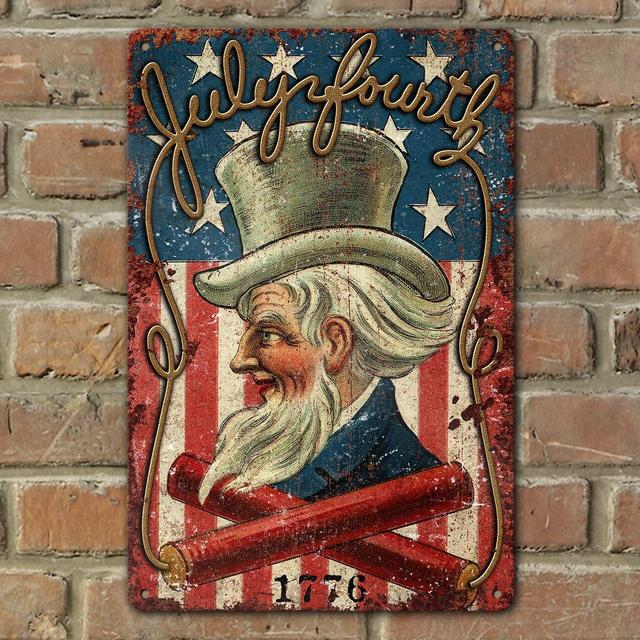 Primitive Printed Metal Vintage Card Sign Independence Day 4th Of July Decoration Victorian Decor Outdoor Aluminum - July Fourth Uncle Sam