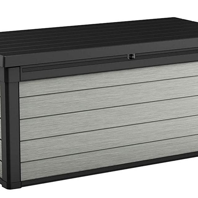 Keter Denali 150 Gallon Resin Large Deck Box-Organization and Storage for Patio Furniture, Outdoor Cushions, Garden Tools and Pool Toys, Grey & Black