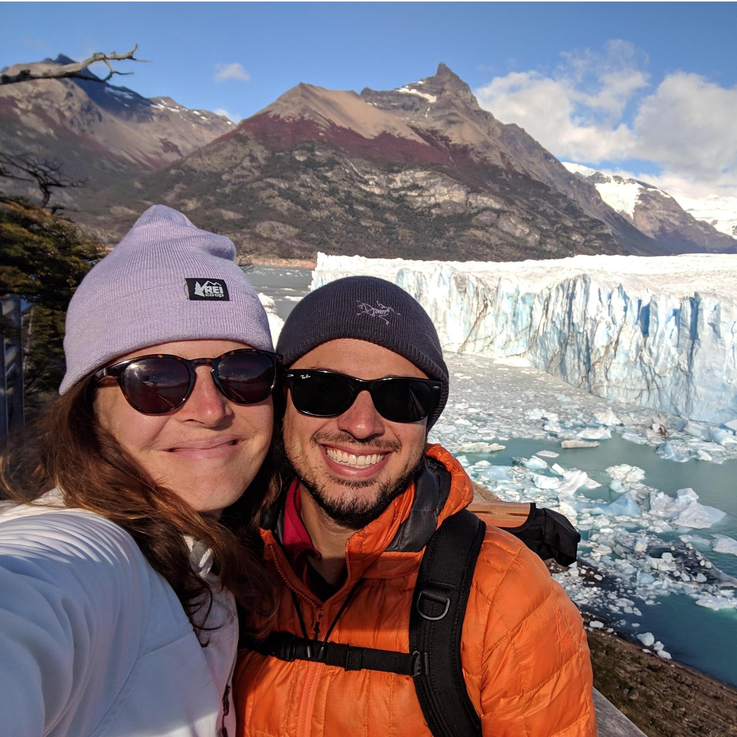 We saw glaciers in Patagonia! Alex wore orange.