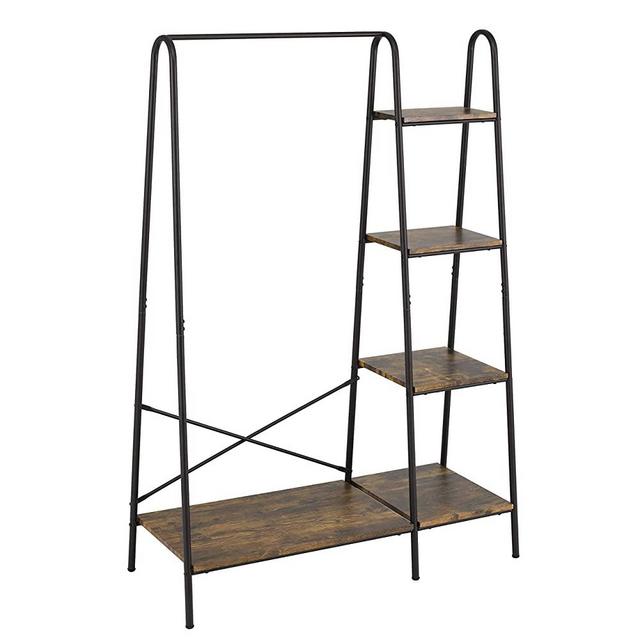 Finnhomy Metal Clothes Garment Rack with 4-Tier Wood Storage Shelves Heavy Duty Accent Furniture for Hanging Clothes/Folding Clothes/ Shoes/ Decors, Freestanding Closet Organizer for Bedroom/ Entryway / Boutiques, Matte Black