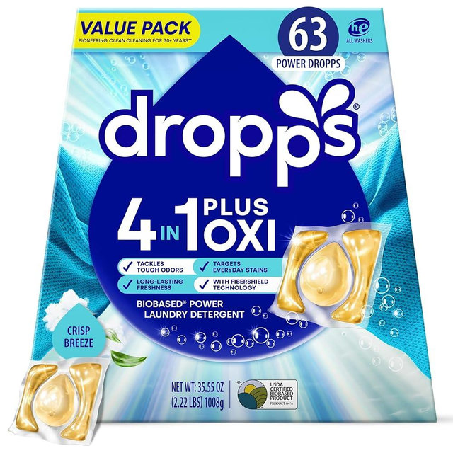 Dropps 4-in-1 Plus Oxi Laundry Detergent Pods, Crisp Breeze (63 Count) - Laundry Pods | Advanced Odor Defense | Fights Stains | Whitens & Brightens | Clean Ingredients | Plastic Free Packaging