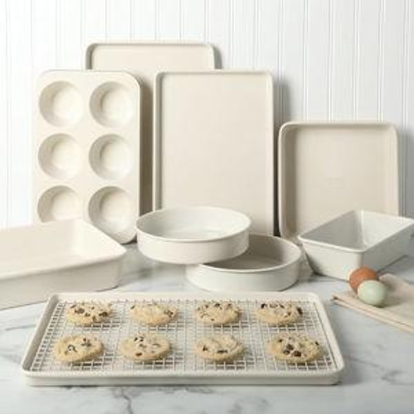 Martha Stewart Gallen 10 Piece Baking Pans Ceramic PFA Free Non Toxic Non Stick Bakeware Set - Linen White