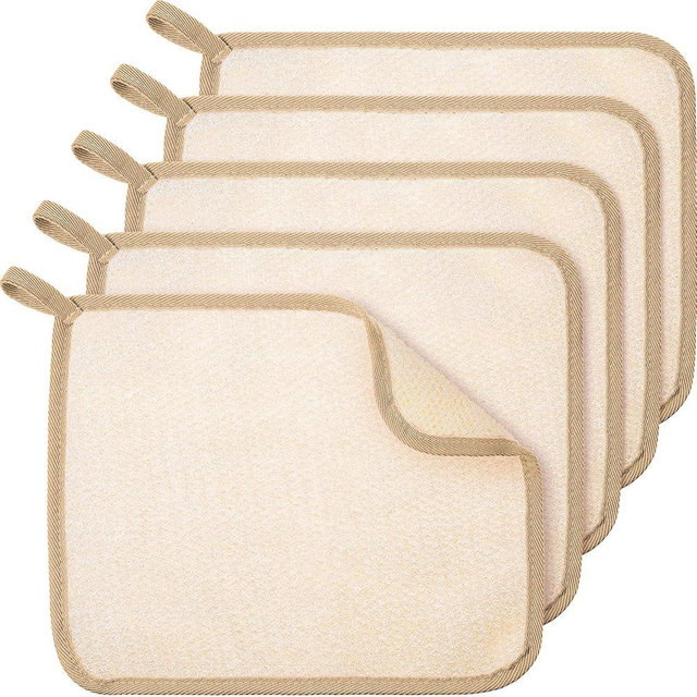 Tatuo 5 Pcs Exfoliating Face and Body Wash Cloths Towel Weave Bath Exfoliating Scrub Massage Bath Cloth for Women and Men, 10.63 x 9.05 Inch(Brown Edge)